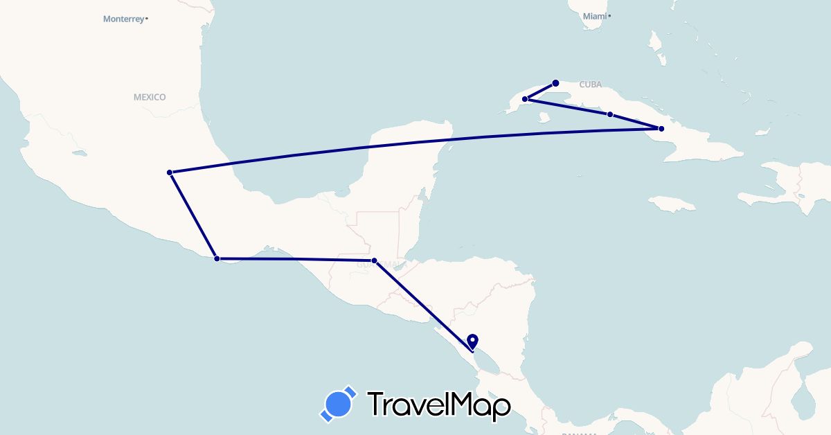 TravelMap itinerary: driving in Cuba, Guatemala, Mexico, Nicaragua (North America)